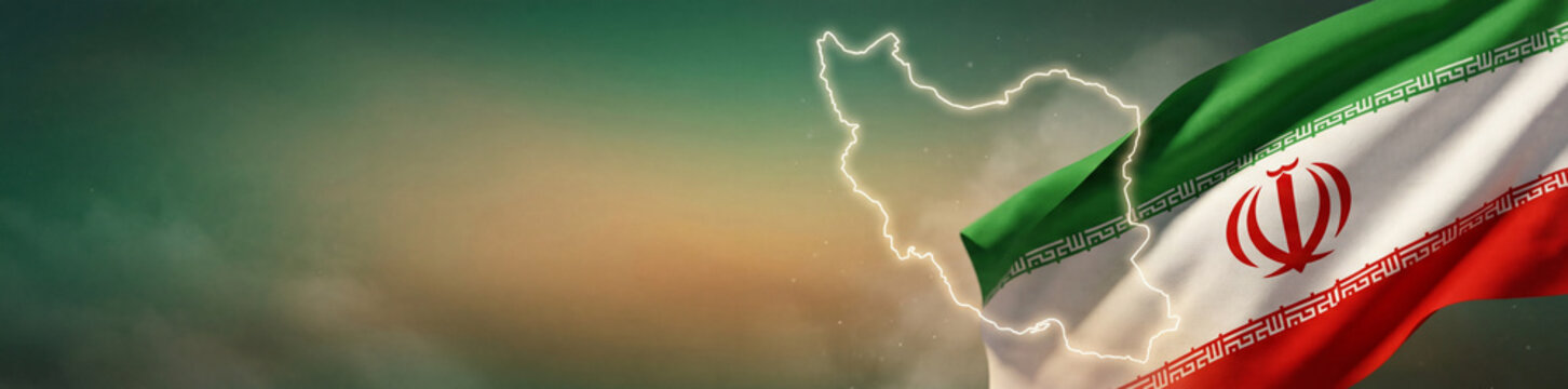 Horizontal banner with the waving flag of Iran and a glowing neon map outline on a green-toned background
