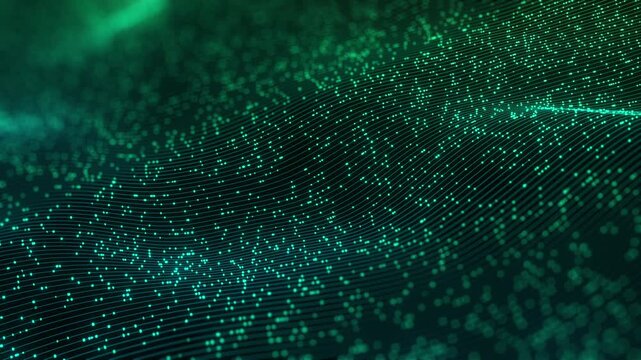 Abstract technology wave of particles. Big data visualization. Dark background with motion green lines 3d rendering.