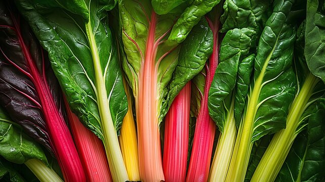 Vibrant Fresh Rainbow Swiss Chard with Colorful Stems and Lush Green Leaves, Nutrient-Rich Vegetable