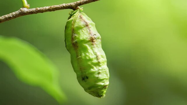 close up of green pupa hanging from a branch
