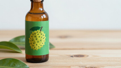 A dark amber bottle sits on a light wood surface. A label is visible on the bottle. The lighting is soft, creating a shallow depth of field and a stylish aesthetic.