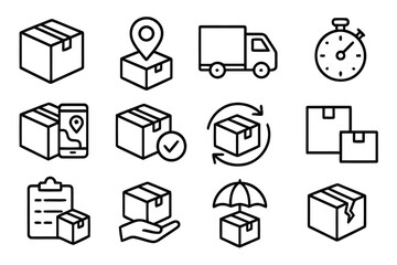 Delivery and shipping icons with boxes packages trucks location pins clipboard stopwatch demonstrating online order tracking and parcel delivery services