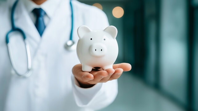 Doctor in white coat and stethoscope holding a white piggy bank, representing healthcare costs and financial planning for health
