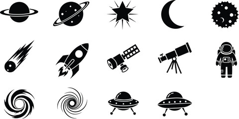 Space exploration icons set with planets rockets astronauts telescope ufo © Simu Store