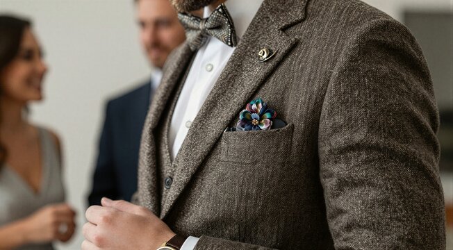 Man adjusting cufflink in tweed suit at formal gathering