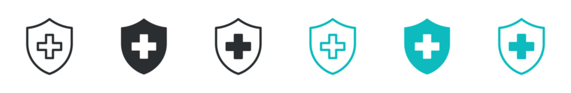 Medical shield icon set, healthcare protection hospital security cross shield symbol, outline and solid and color style. Vector illustration.
