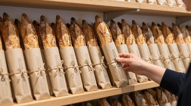 Baker stocking wrapped baguettes on wooden retail shelf display