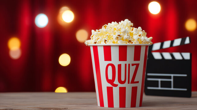 Popcorn bucket displaying QUIZ with a film clapperboard, representing movie trivia and cinema entertainment