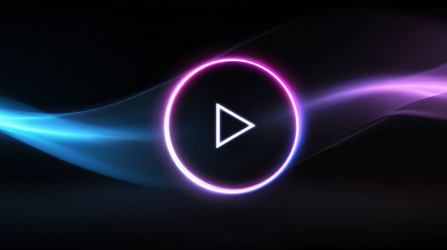 Neon glowing play button symbol in vibrant pink and blue colors visualizing digital media, streaming, and modern technology