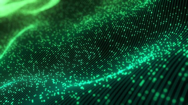 Abstract technology wave of particles. Big data visualization. Dark background with motion green lines 3d rendering.