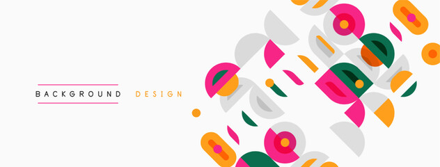 Fototapeta premium Abstract geometric shapes overlap, creating vibrant background. Pink, green, yellow, gray elements present modern design aesthetic.