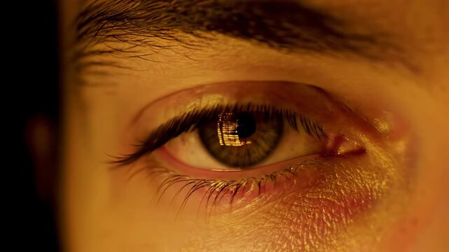 Mans eye reflecting computer code in close-up sequence. Human iris captures digital programming symbols during blink. Technology vision integration and cyber reflection concept.