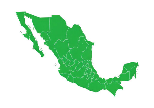 Green map of mexico with state borders on transparent background isolated