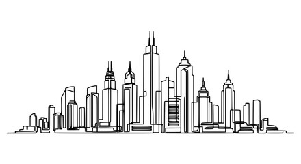 Fototapeta premium City skyline illustration with modern skyscrapers and urban buildings in black lines featuring architecture, cityscape,