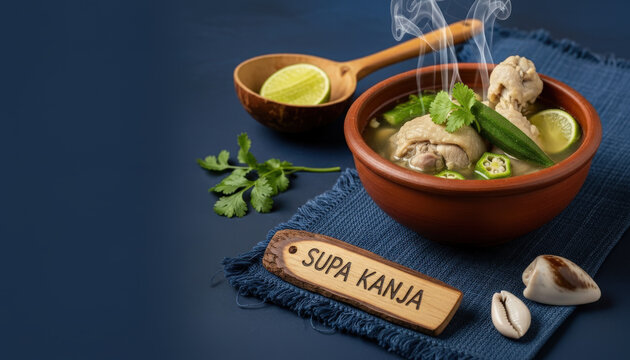 Gourmet Supa Kanja: West African Okra and Chicken Soup with Earth-Toned Negative Space and Heritage Indigo Accents