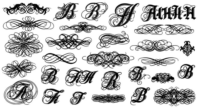 Letters calligraphy set with black swirling lines and floral patterns, elegant typography. featuring white, background,