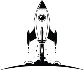 Vintage retro rocket ship launching from earth into space with smoke clouds and stars black and white minimalist vector illustration © Ayesha