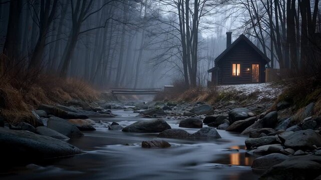 Mysterious Cabin in Foggy Forest with River at Night