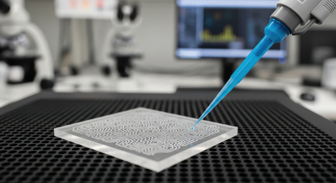 Close-up of a micropipette dispensing blue liquid onto a gray microarray chip on a black
