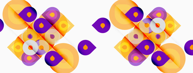 Abstract geometric pattern. Overlapping circles, squares create vibrant visual texture. Purple, orange hues dominate composition. Modern design element.