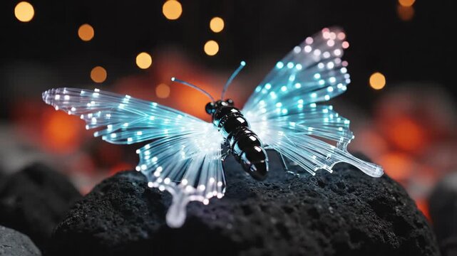 Bionic butterfly resting on dark rock with glowing neon wings. Cybernetic insect displaying blue and orange lights in sequence. Futuristic blend of technology and nature for sci-fi visuals.