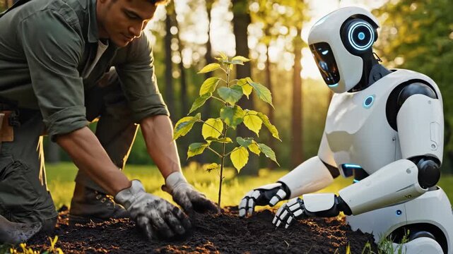 Forester and robot collaboratively planting sapling in forest. Man guiding AI assistant to dig soil and position young tree. Human-machine teamwork for environmental conservation and sustainable