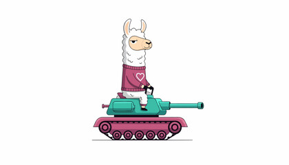 Fototapeta premium Playful cartoon character of a white llama in a charming pink sweater with a heart, skillfully maneuvering a vibrant military tank, creating a humorous and unique visual