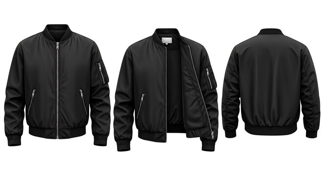 Three views of a black bomber jacket front, open front, and back, showcasing details