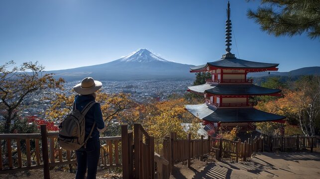 Tourist at Chureito Pagoda sees Mount Fuji in fall. Traveler visits Arakurayama Sengen Park in Japan.