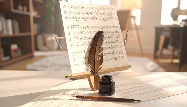 Elegant feather quill, inkwell, and pen poised over open sheet music with handwritten notes and calligraphy