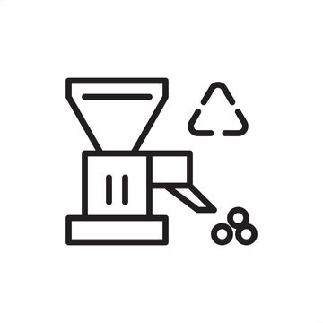 Plastic pelletizer icon. Resin granulation tech, representing material extrusion hardware, polymer recycling tools, industrial pellet production, circular economy gear, and manufacturing facility.