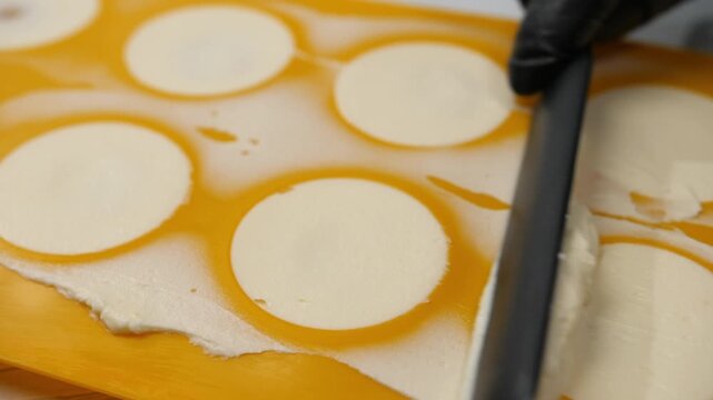 Using spatula to level out mango cakes with soft cream in tray closeup. Confectioner prepares mochi with exotic fruit filling in restaurant kitchen. Cooking organic Japanese dessert