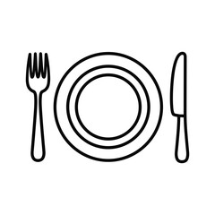 Plate with fork and knife simple outline vector icon, dining setting icon