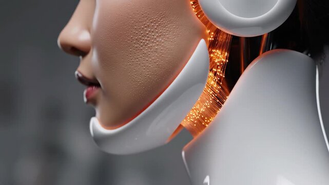Female android in tight macro profile portrait. Robotic woman face with glowing orange neck collar. Futuristic cybernetic activation sequence for sci-fi technology concept.