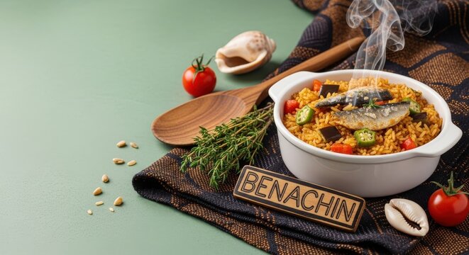 Gourmet West African Benachin: One-Pot Fish and Rice with Soft Green Negative Space and Heritage Artisanal Accents