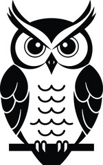 Cute owl silhouette vector illustration, decorative wise owl bird icon sitting on branch isolated wildlife nature design element