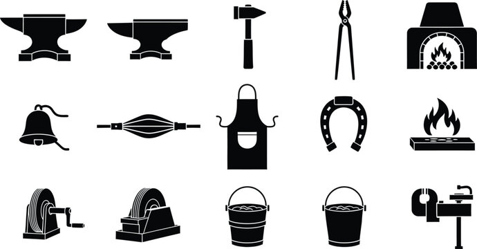 Blacksmith workshop tools icons set with anvil hammer tongs forge horseshoe apron
