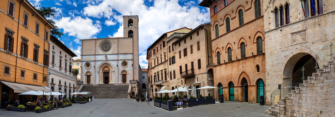 Todi Piazza del Popolo 15k high resolution panorama of Cathedral in Umbria Italy. Central square with restaurant and historic architecture scenery. Traditional medieval town panoramic view