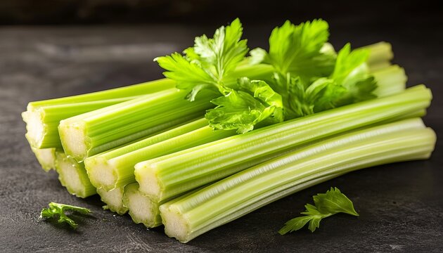 Fresh Celery Sticks Close-Up, Crisp Texture and Vibrant Green Leaves, Healthy Snack Food Option