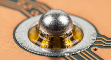 Macro view of solder ball on electronic circuit board. Electrical component connection on printed wiring board. Computer hardware manufacturing and repair technology industry backdrop.