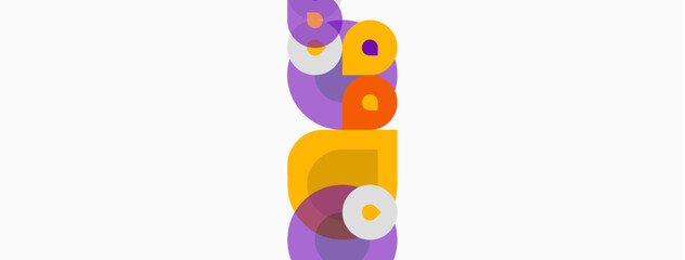 Abstract geometric shapes overlap, creating colorful vertical composition. Purple, orange, yellow tones dominate design. Minimalist style.