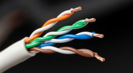 Ethernet cable with stripped ends showing twisted copper wire pairs. Network communication hardware for internet connection. Data transmission infrastructure and network cabling technology.