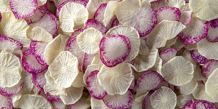 Close Up of Dried Radish Slices and Vegetable Chips on Tiled Background, Healthy Snack Food Styling