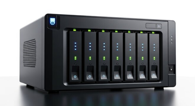 Network attached storage device with multiple hard drive bays. Server equipment for data backup and cloud computing. Hardware for enterprise database management and computer technology.