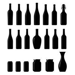 Assorted black silhouette bottles and jars in a variety of shapes and sizes