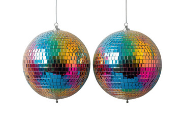 Obraz premium Two colorful mirror disco balls reflecting vibrant lights, hanging and creating a festive party atmosphere with transparent background