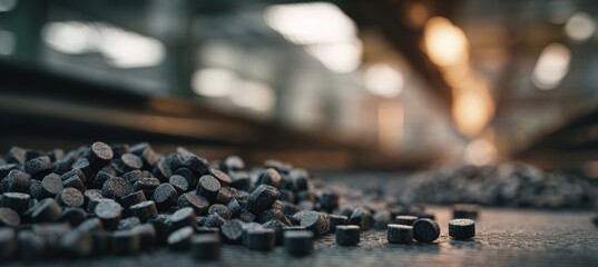 Fototapeta premium Close-Up of Recycled Material Pellets with Blurred Industrial Background