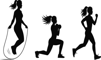 Fitness silhouettes, jump rope exercise, dumbbell lunge, running athlete, cardio workout, strength training, endurance activity, healthy lifestyle, sports illustration artwork © Its Saidul 