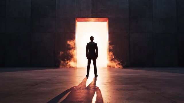 Man standing at threshold of dark corridor leading to bright doorway. Silhouette figure entering illuminated space from shadowy interior. Architectural drama illustrating transition from obscurity to