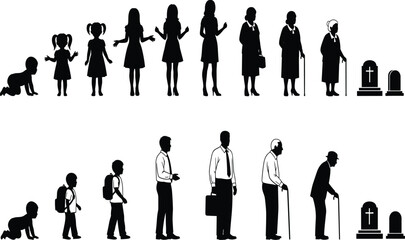 Fototapeta premium Human life cycle silhouettes, male female stages, childhood adolescence adulthood, aging progression, mortality concept, family journey, time passage, universal aging